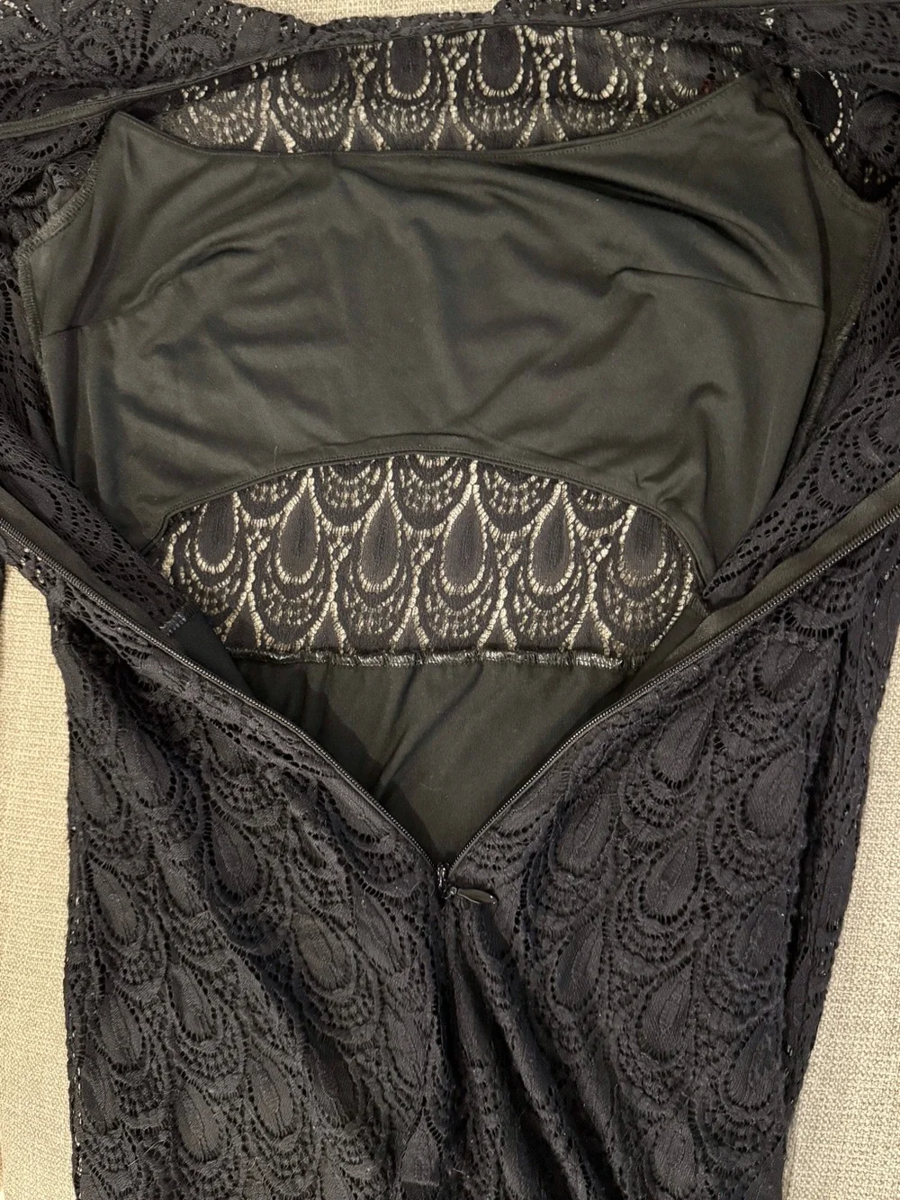 Black Illusion Tear Drop Lace Long-Sleeve Zip Dress Bandeau Top and Skirt Bebe